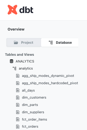 A screenshot depicting the dbt Cloud IDE menu's Database view which shows you the output of your data models. Next to this view, is the Project view.